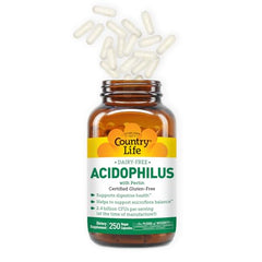 Country Life Acidophilus capsules close-up for easy daily probiotic use.