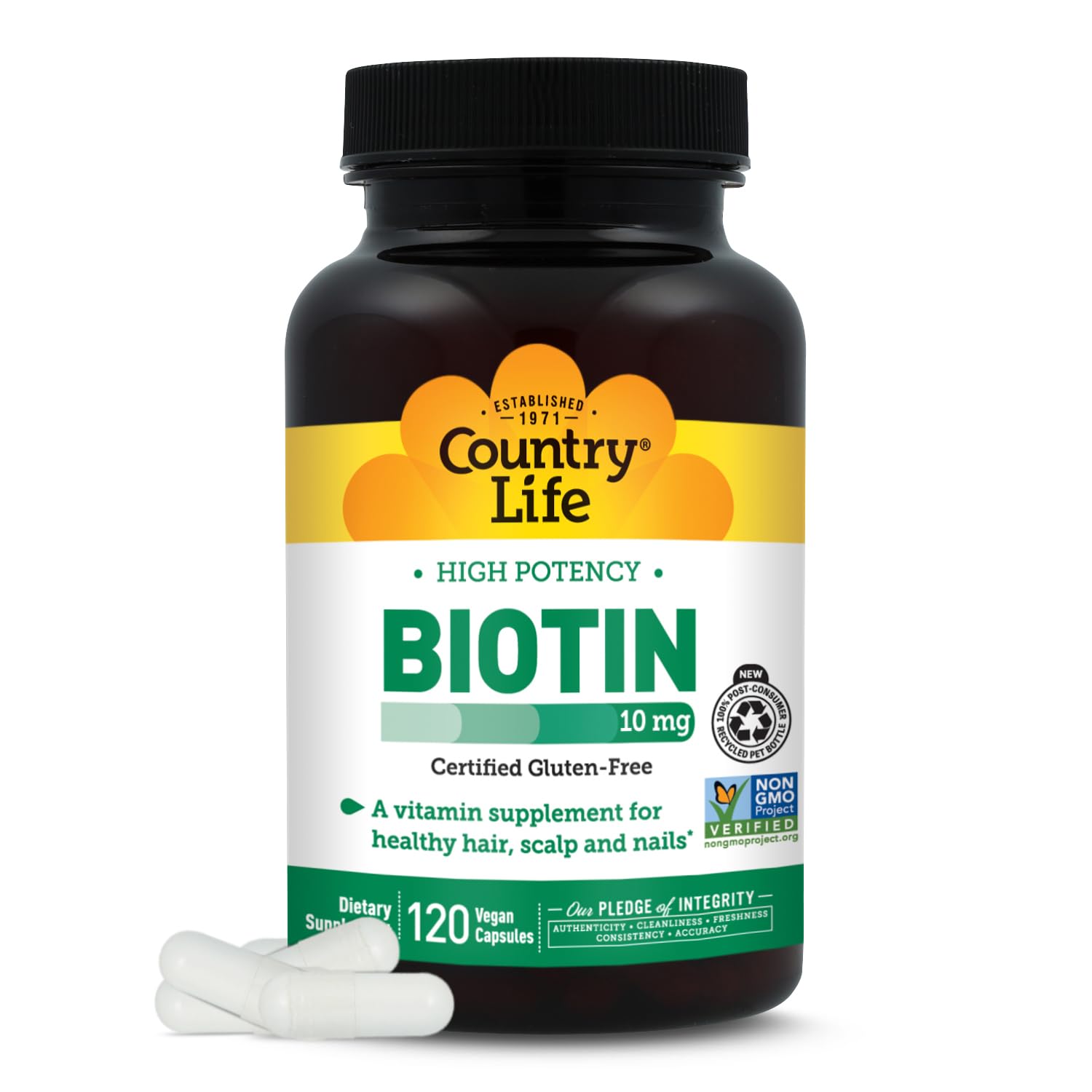 Country Life Biotin 10mg bottle and label highlighting high potency and vegan formula