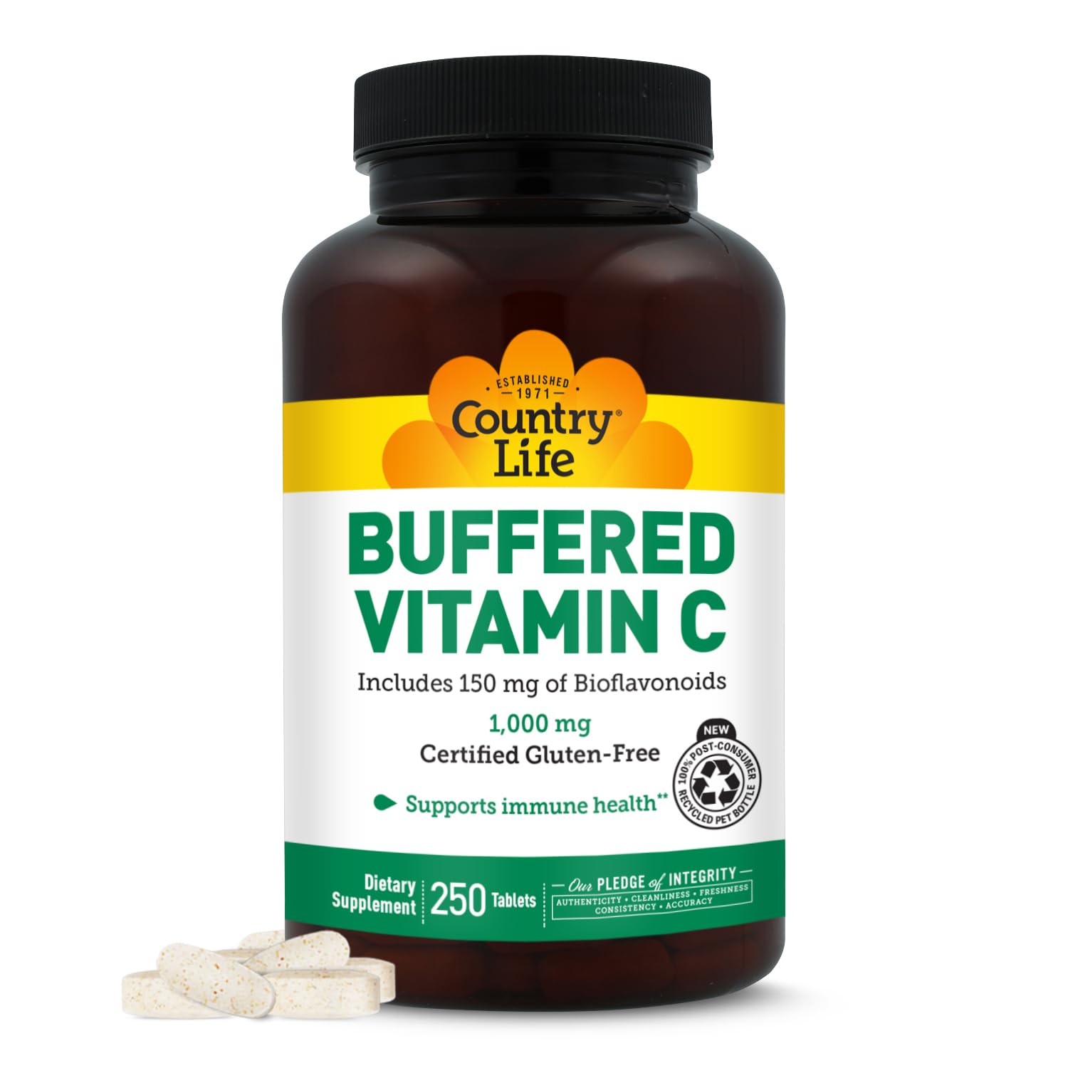 Country Life Buffered Vitamin C bottle front with vegan capsules.