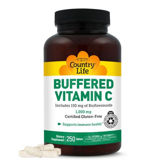 Country Life Buffered Vitamin C bottle front with vegan capsules.