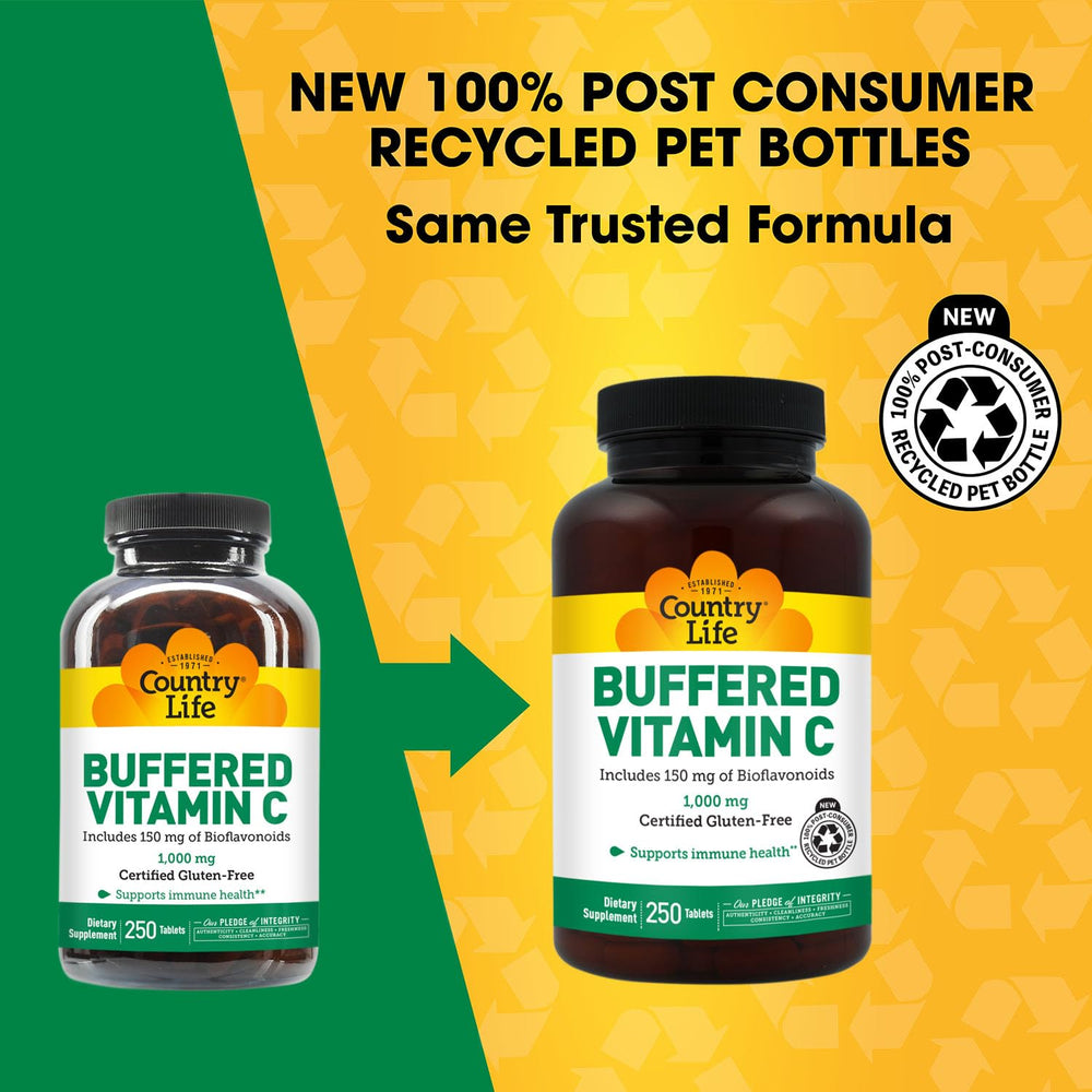 Country Life Buffered Vitamin C label close-up showing 1000 mg and bioflavonoids.