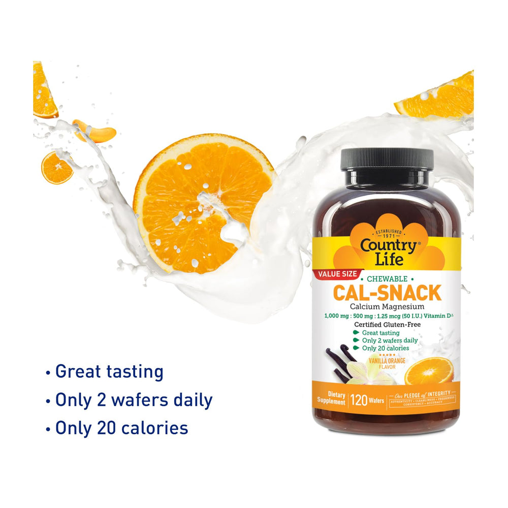 Country Life Cal-Snack wafers beside a glass of water for daily intake.