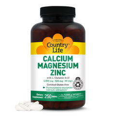 Country Life calcium magnesium zinc bottle front shows gluten-free bone support nutrients