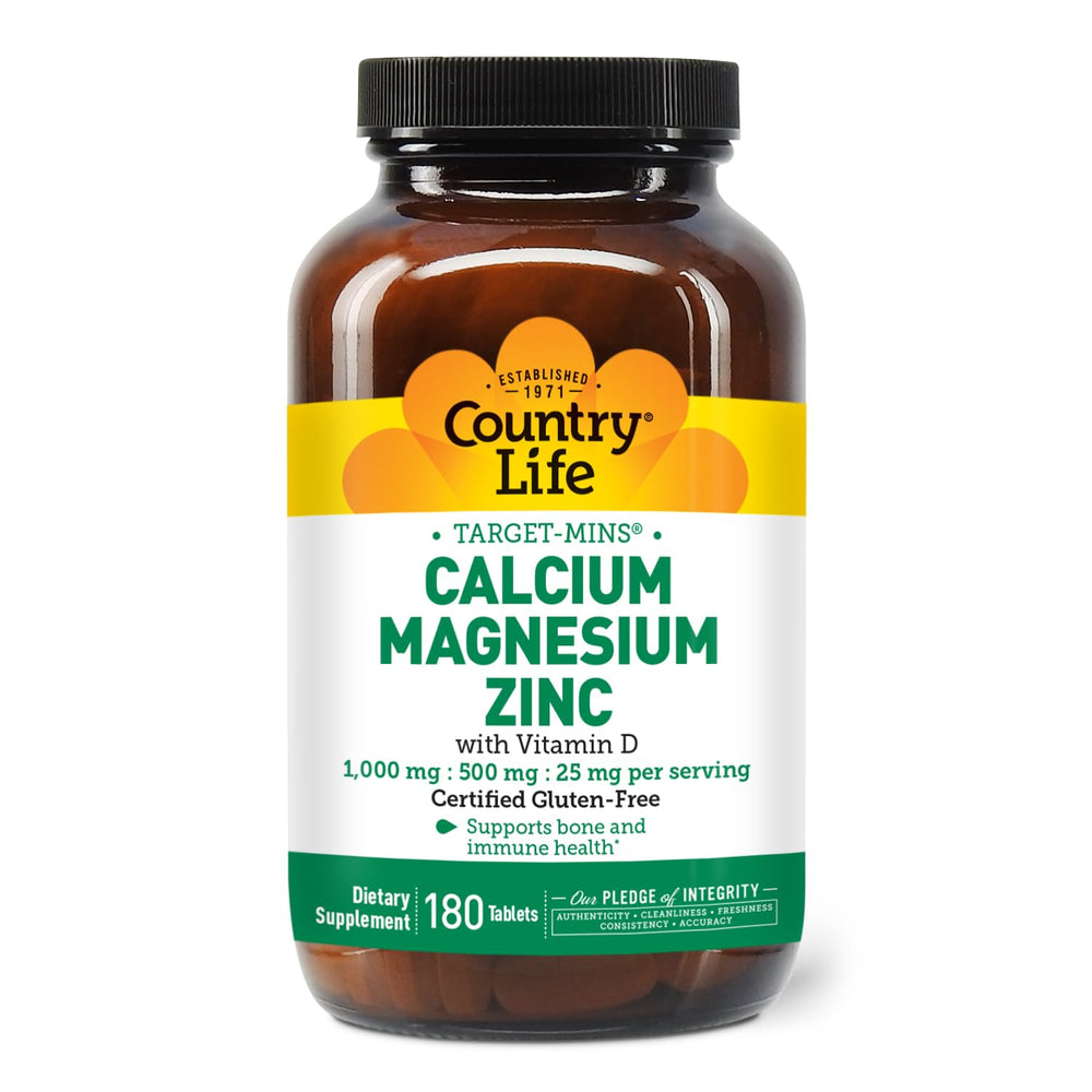 Country Life Calcium Magnesium Zinc pour action showing three-tablet serving