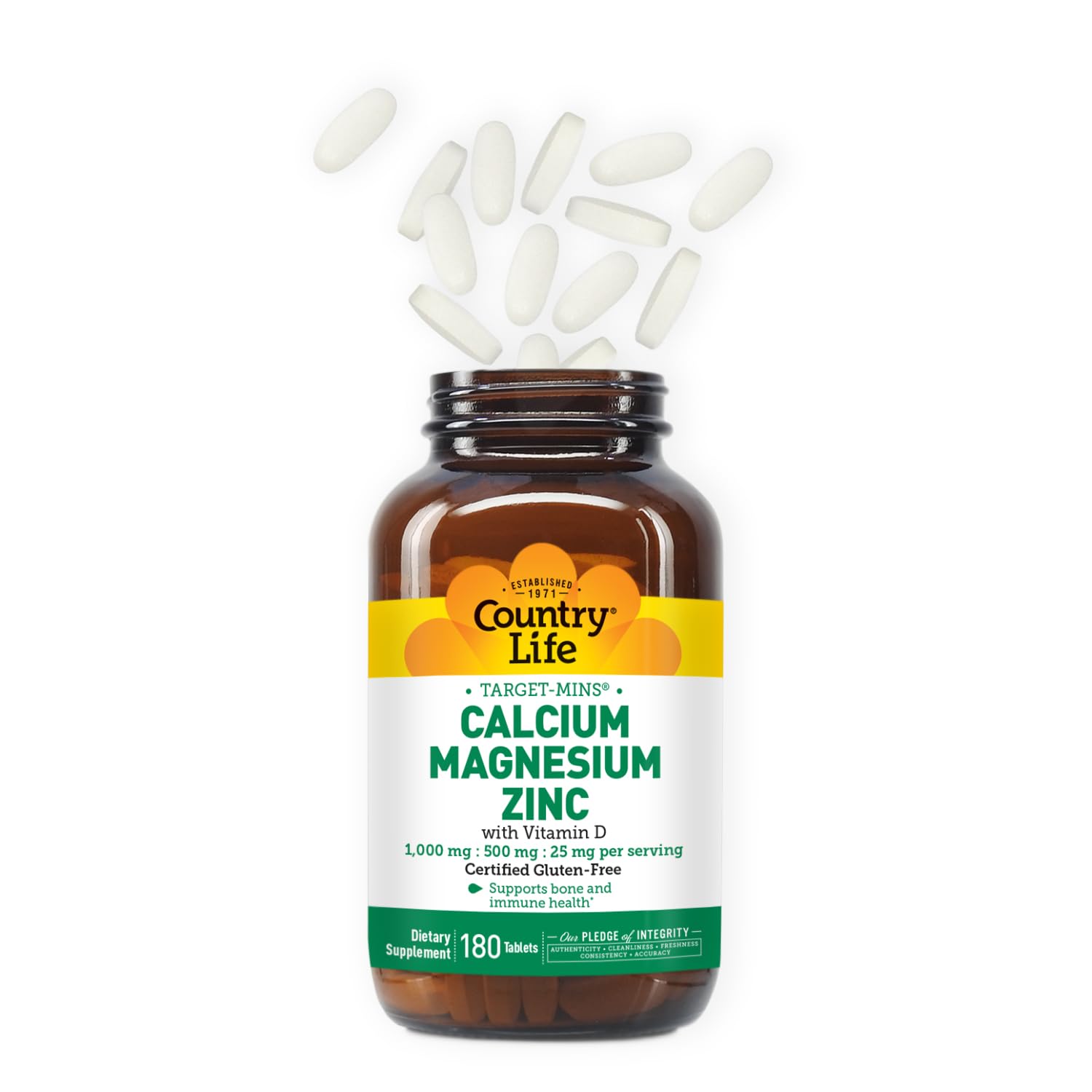Country Life Calcium Magnesium Zinc tablets close-up for easy daily dose