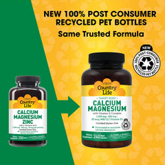 Country Life calcium-magnesium-zinc tablets closeup highlights easy daily dosing