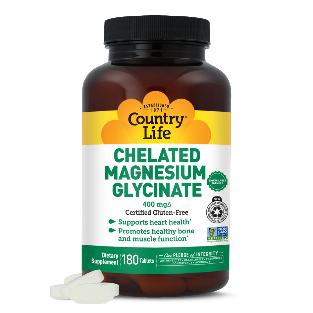 Country Life chelated magnesium glycinate 400mg bottle emphasizing high absorption