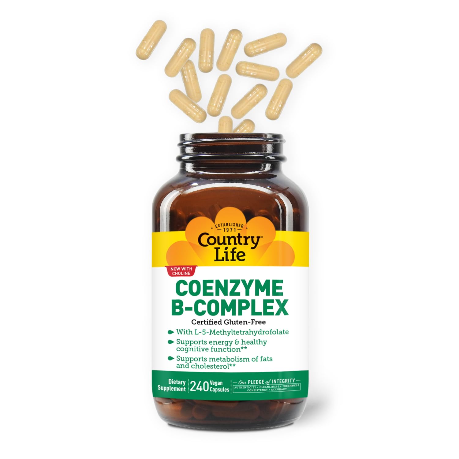 Daily-use instructions for Country Life Coenzyme B-Complex capsules with meals.