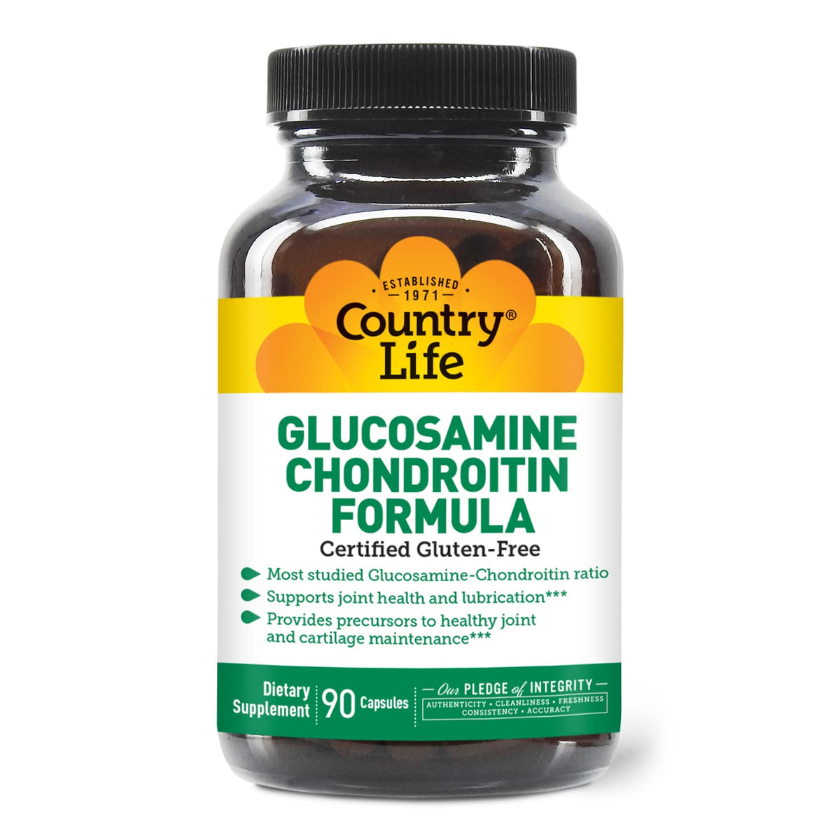 Country Life Glucosamine Chondroitin bottle with 90 capsules suggesting joint support.
