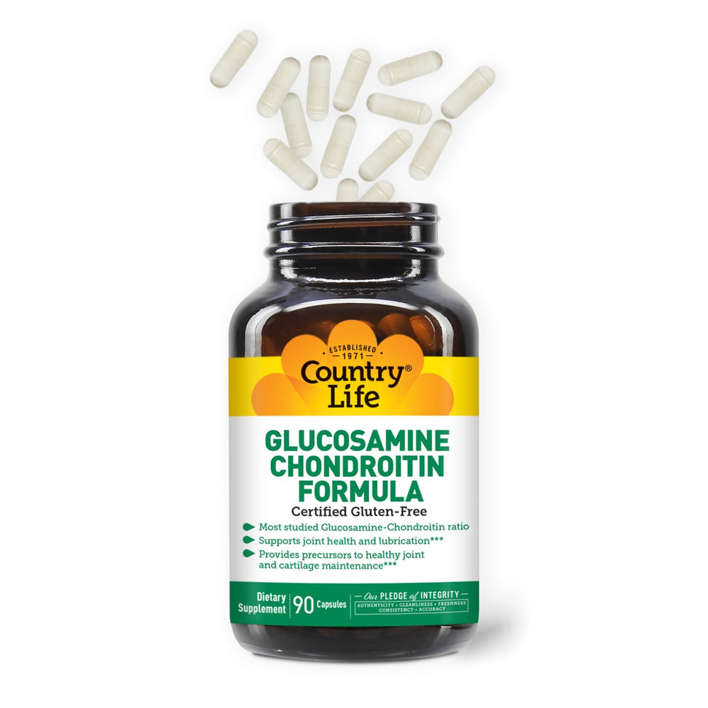 Closeup of Country Life glucosamine chondroitin capsules indicating daily use.