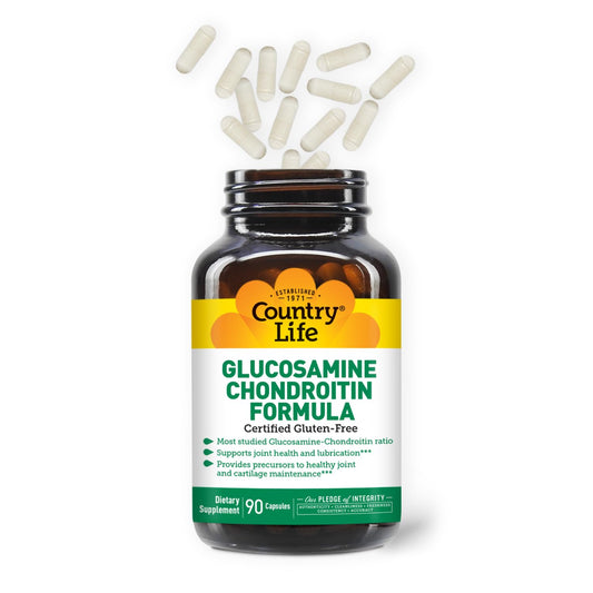 Closeup of Country Life glucosamine chondroitin capsules indicating daily use.