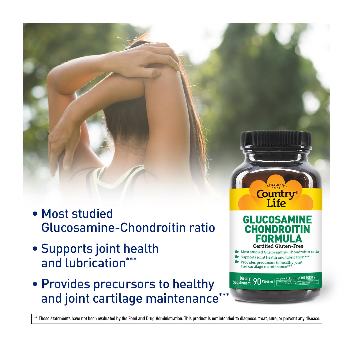 Packaging back of Country Life glucosamine chondroitin showing dosage guidance.