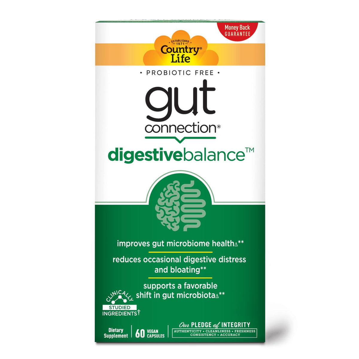 Country Life Gut Connection bottle label with vegan and gluten-free certifications