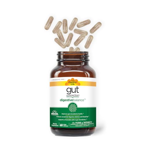 Country Life Gut Connection bottle pour illustrating simple four-capsule daily dose