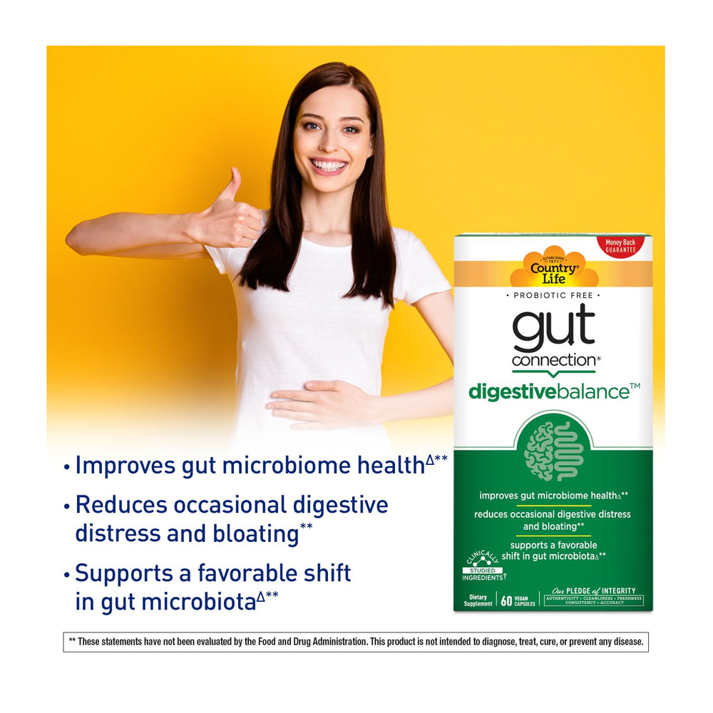 Country Life Gut Connection capsules in a pack for daily digestion support