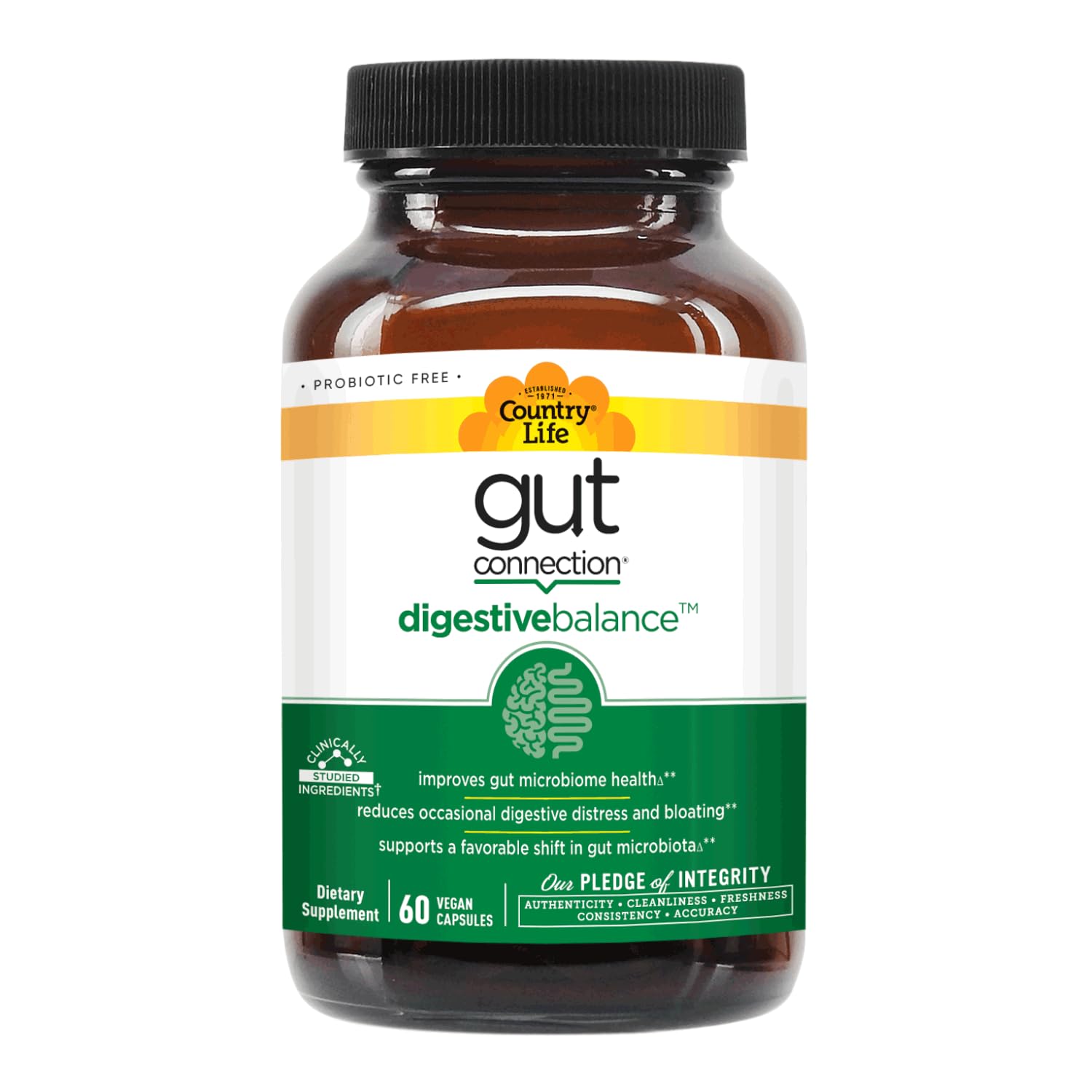 Country Life Gut Connection certification stamps gluten-free vegan non-GMO