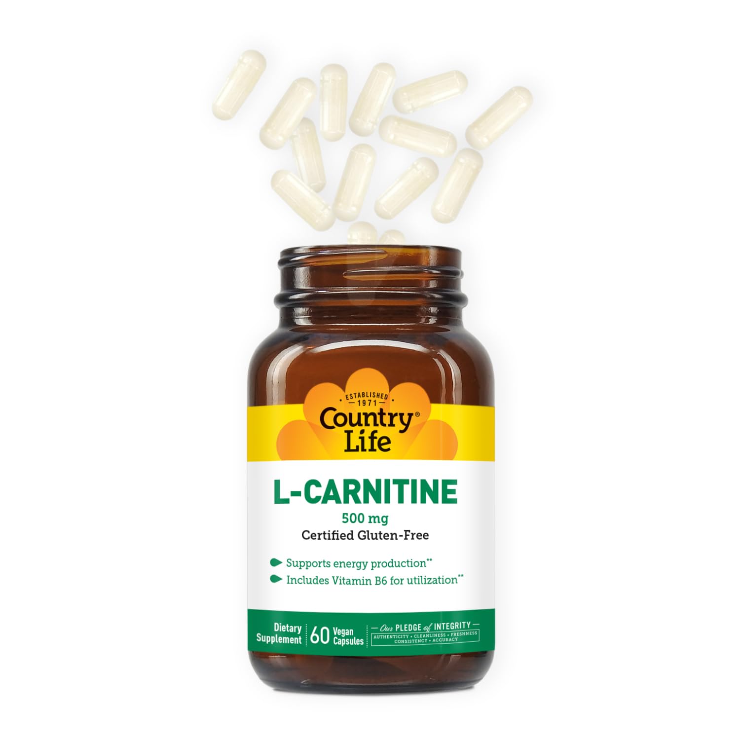 Open packaging of Country Life L-Carnitine 500mg on kitchen counter.