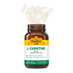 Open packaging of Country Life L-Carnitine 500mg on kitchen counter.