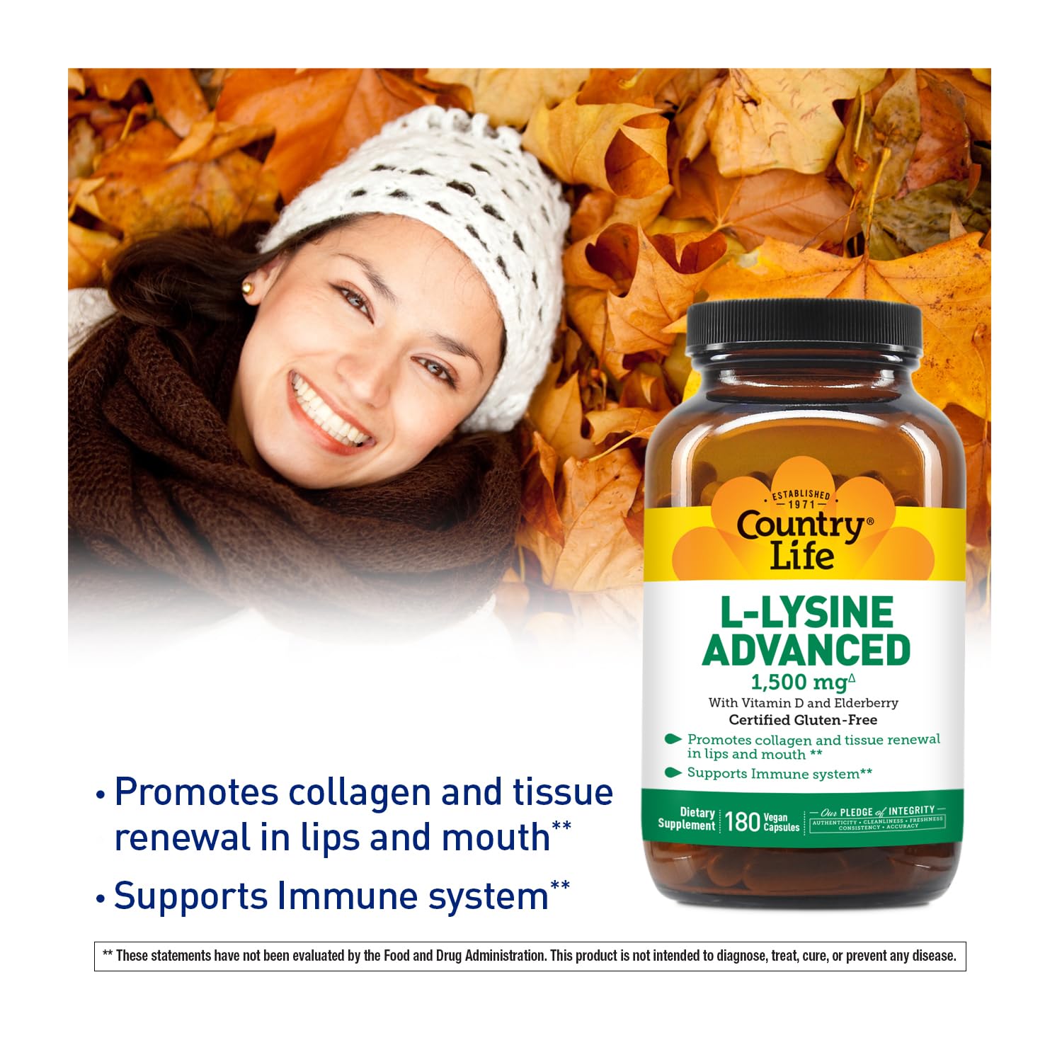 Country Life L-Lysine 1500mg bottle on table ready for daily intake.