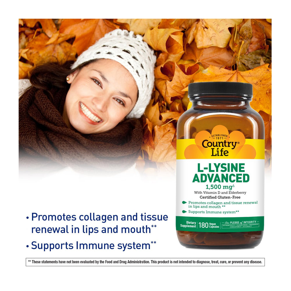 Country Life L-Lysine 1500mg bottle on table ready for daily intake.