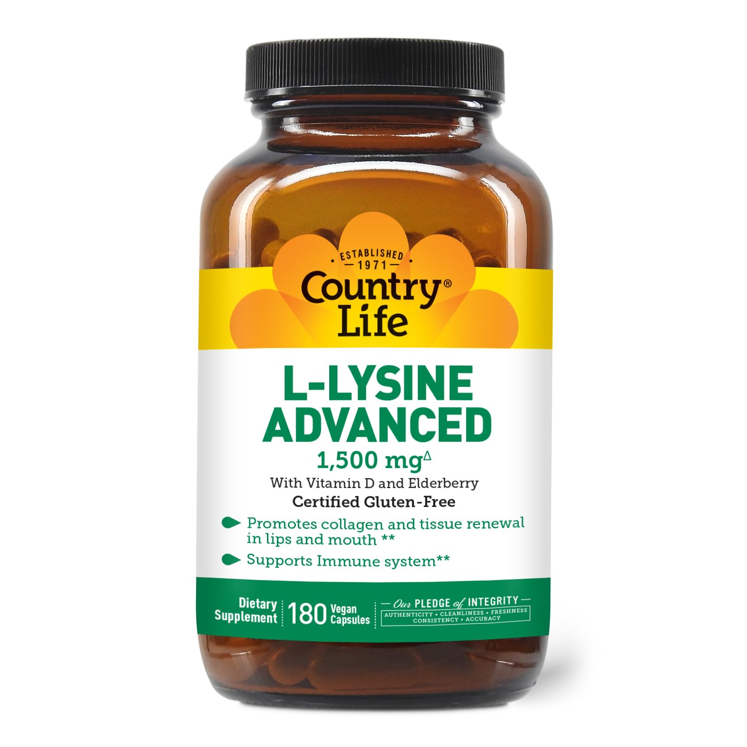 Country Life L-Lysine 1500mg capsules bottle supporting immune health.