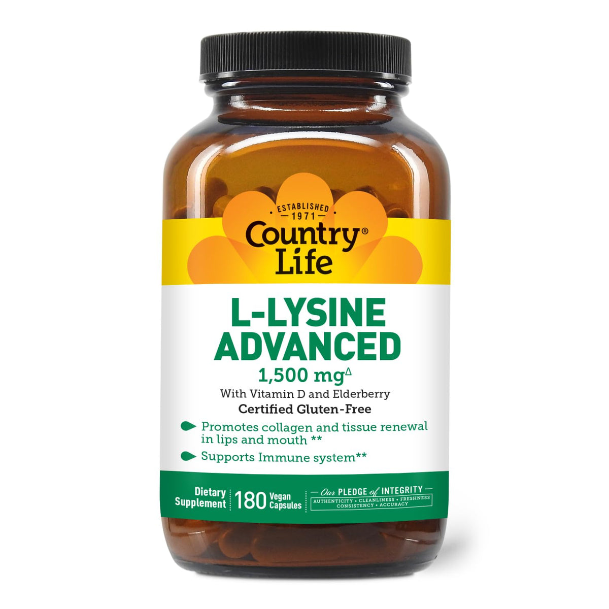Country Life L-Lysine 1500mg capsules bottle supporting immune health.