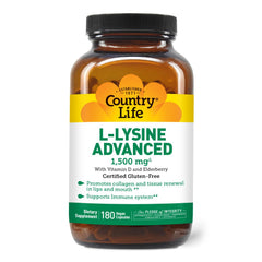 Country Life L-Lysine 1500mg capsules bottle supporting immune health.