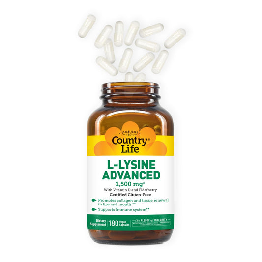 Country Life L-Lysine 1500mg label with vitamin D and elderberry for immune support.