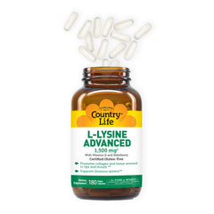 Country Life L-Lysine 1500mg label with vitamin D and elderberry for immune support.