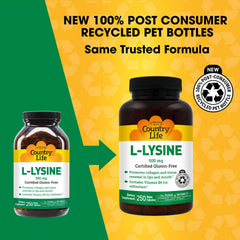Country Life L-Lysine 500 mg with B-6 label close-up shows vegan and gluten-free labels.
