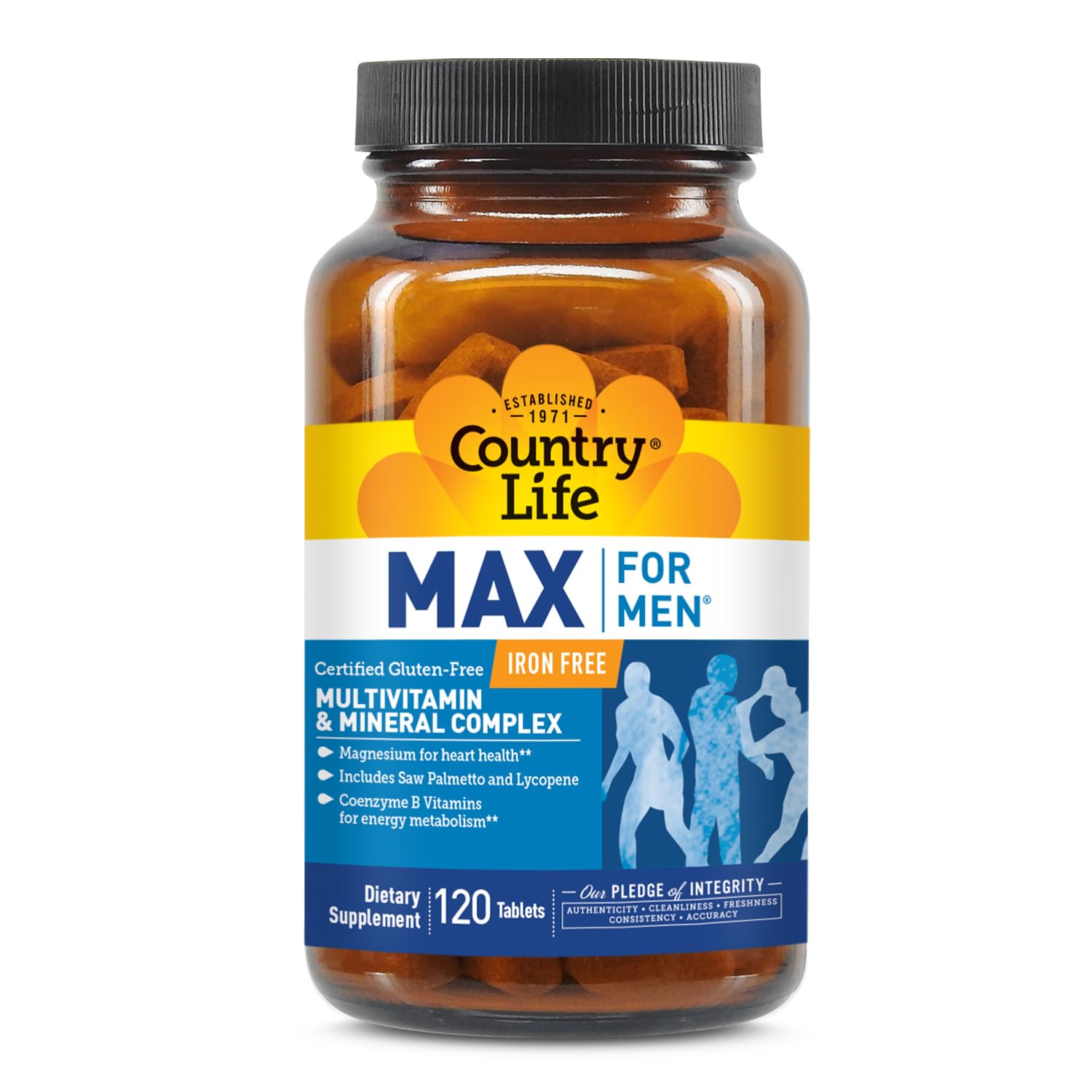 Country Life Max for Men bottle front view; iron-free formula supports energy and heart health.