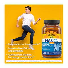 Country Life Max for Men bottle on wooden surface; lifestyle shot suggests daily wellness.