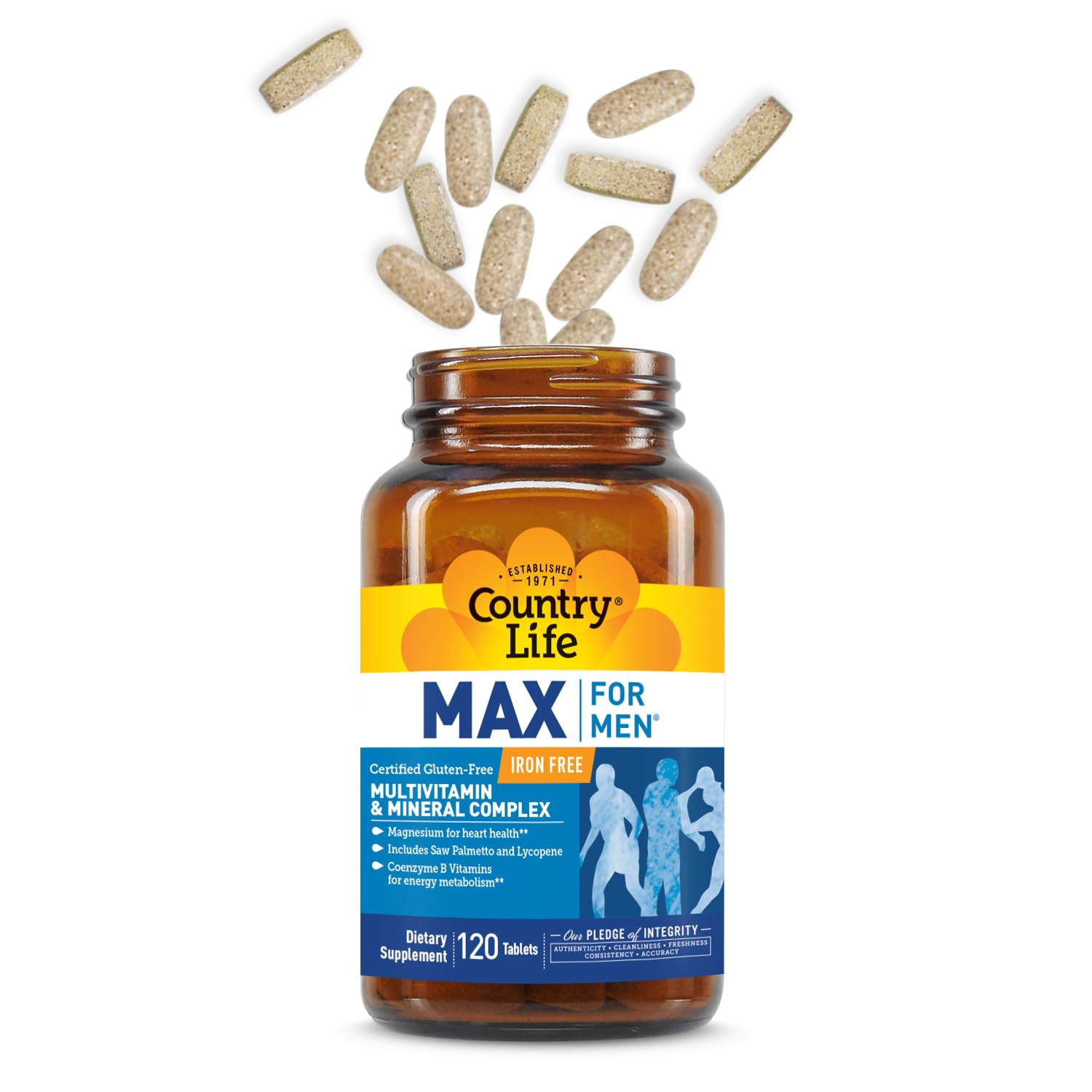 Country Life Max for Men label closeup; shows iron-free multivitamin with magnesium and B vitamins.