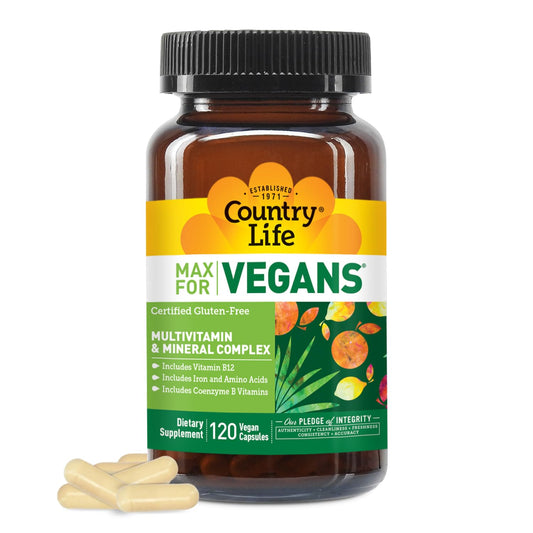 Country Life Max for Vegans bottle front view highlighting vegan multivitamin packaging for daily use.