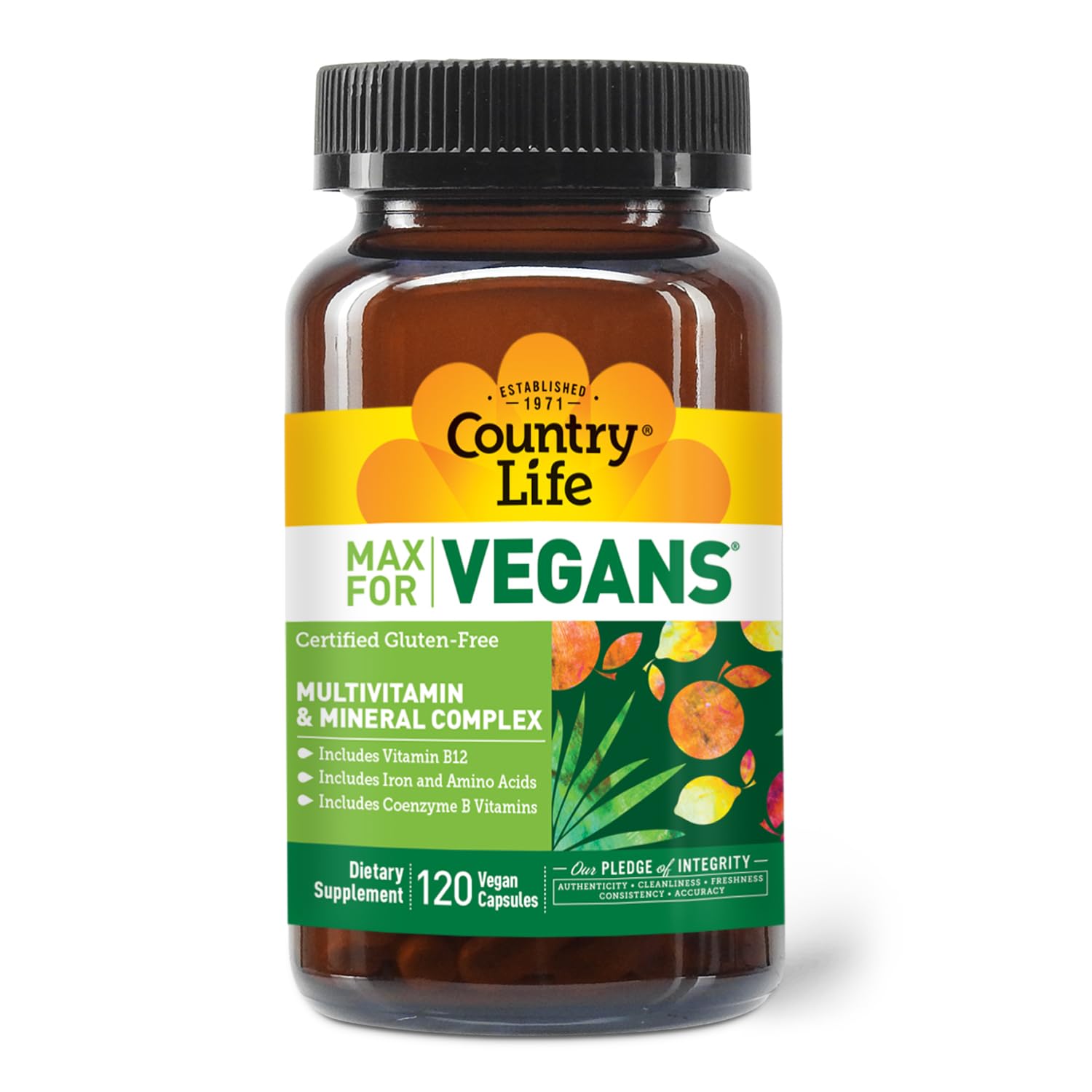 Country Life Max for Vegans bottle label close-up emphasizing vitamin B12 and iron for energy support.