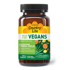 Country Life Max for Vegans bottle label close-up emphasizing vitamin B12 and iron for energy support.