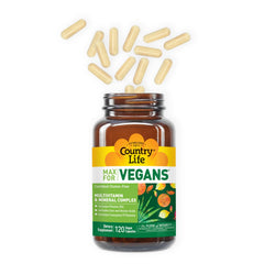 Country Life Max for Vegans capsules spilled from bottle showing texture and color for easy daily routine.
