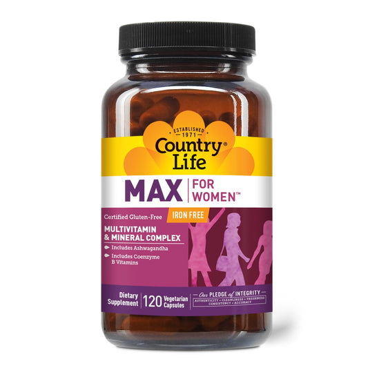 Country Life Max for Women bottle front view showing vegan capsules for daily wellness.