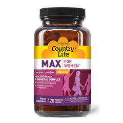 Country Life Max for Women bottle front view showing vegan capsules for daily wellness.