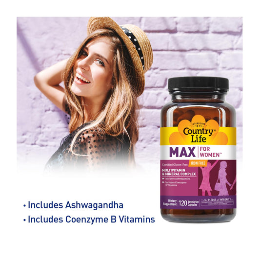 Country Life Max for Women bottle side view with easy-to-swallow capsules for busy days.