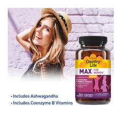 Country Life Max for Women bottle side view with easy-to-swallow capsules for busy days.