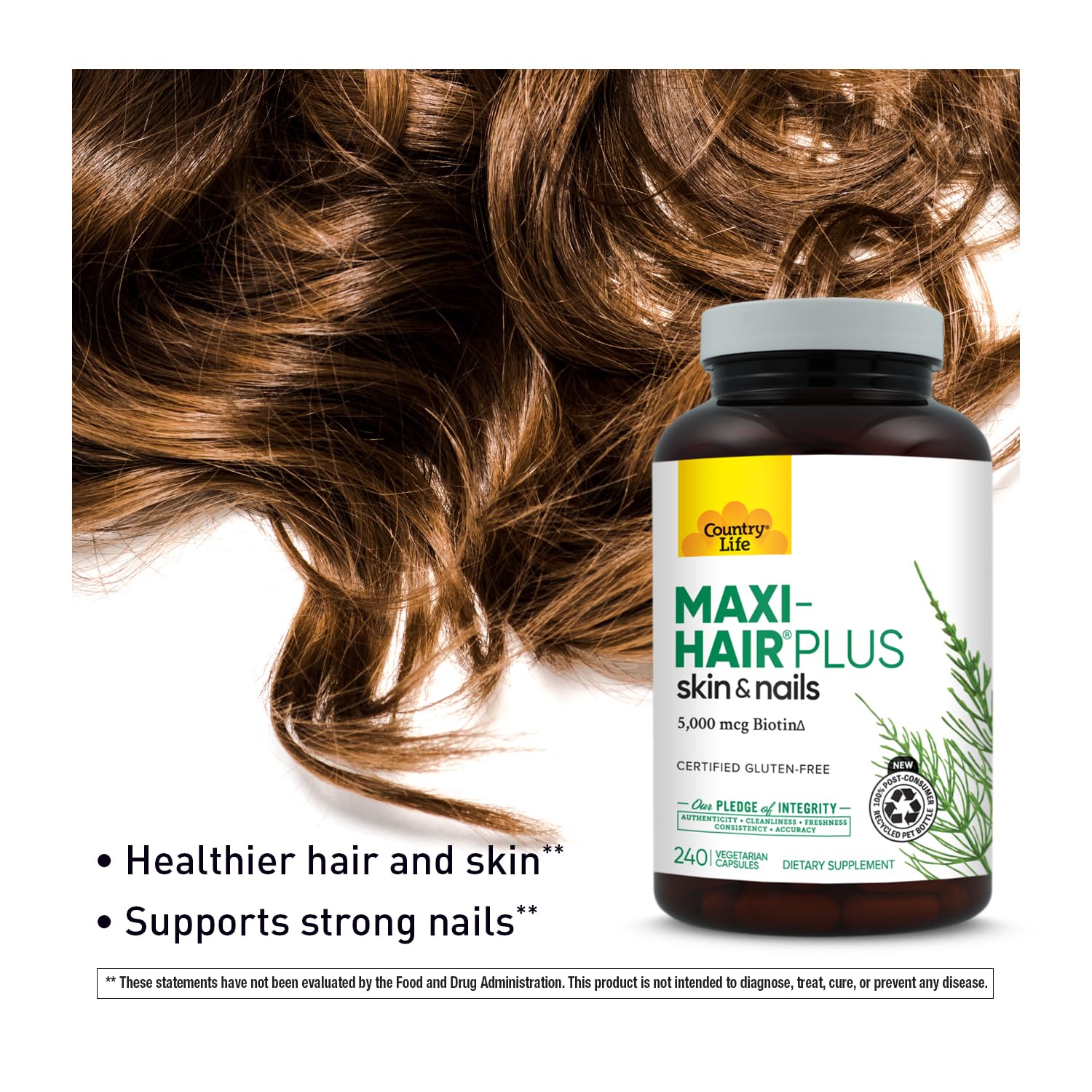 Country Life Maxi-Hair Plus Biotin capsules with glass of water in routine.