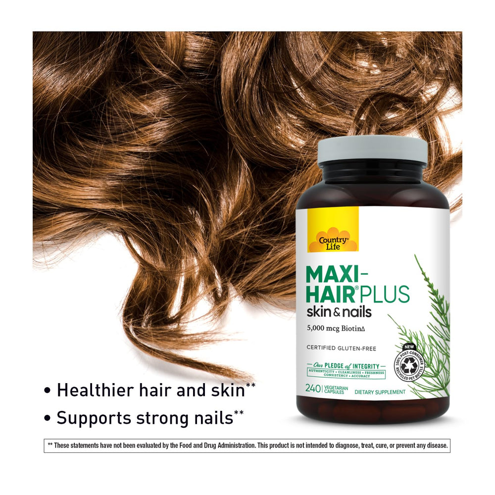 Country Life Maxi-Hair Plus Biotin capsules with glass of water in routine.