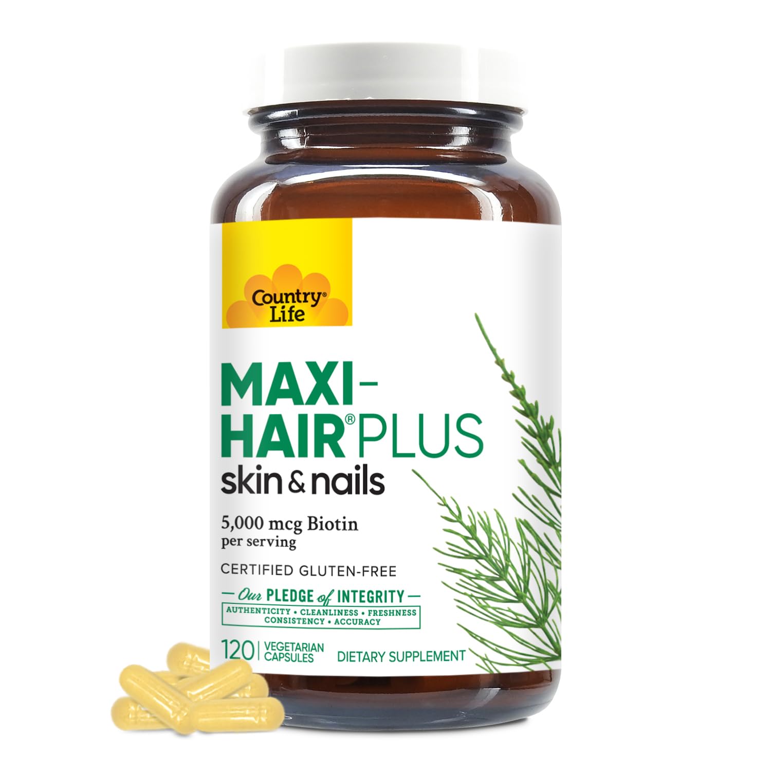 Country Life Maxi-Hair Plus bottle front promoting healthy hair, skin, and nails.