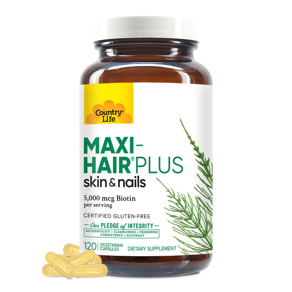 Country Life Maxi-Hair Plus bottle front promoting healthy hair, skin, and nails.