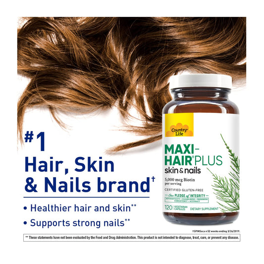 Country Life Maxi-Hair Plus bottle side highlighting gluten-free vegetarian formula.
