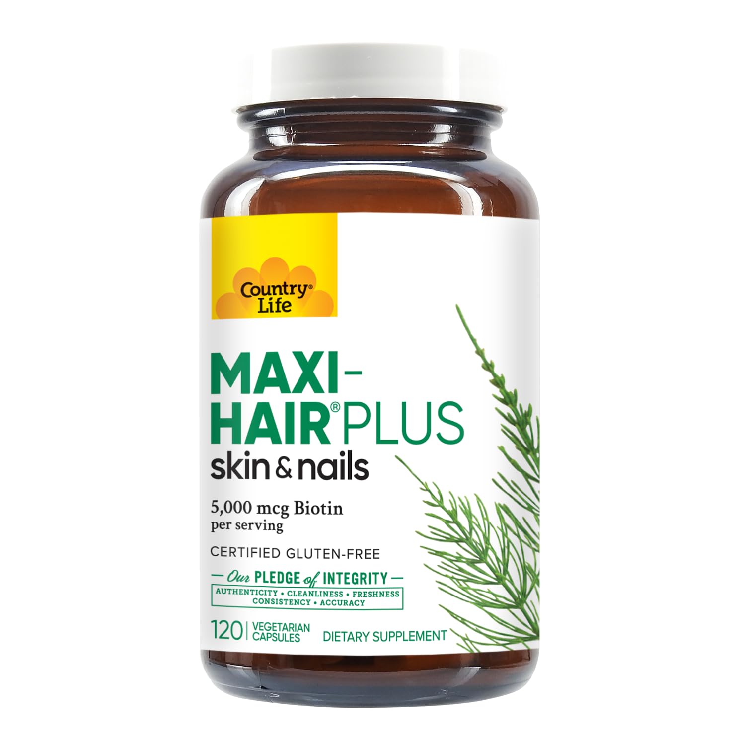 Country Life Maxi-Hair Plus box packaging showing trusted quality and USA manufacturing.