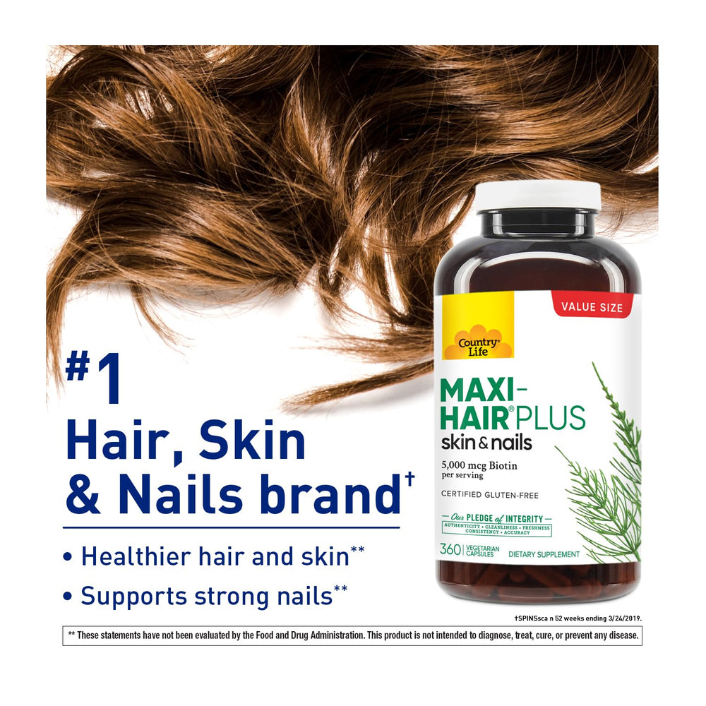Country Life Maxi-Hair Plus capsules prepared for daily use to nourish hair, skin, and nails.