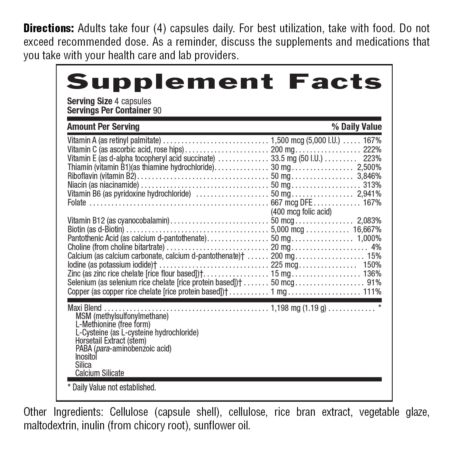 Country Life Maxi-Hair Plus ingredients panel highlighting biotin and minerals for keratin support.