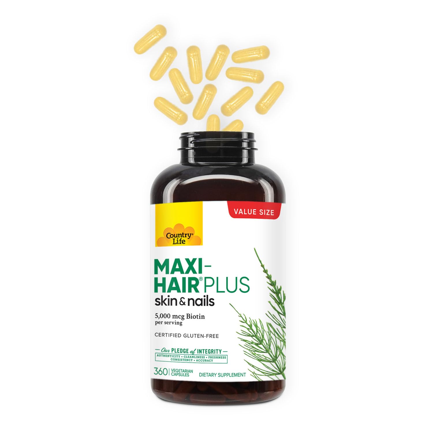 Country Life Maxi-Hair Plus label with 360 capsules and gluten-free vegetarian certification.